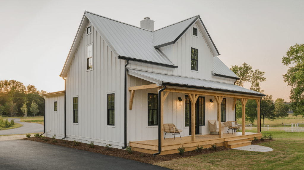 29. Warm White and Black with Wood Accents