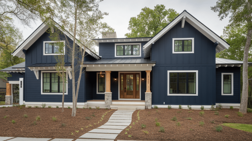 Navy Blue, Bright White with Natural Wood