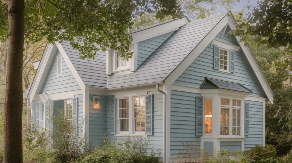 Soft Blue, White Trim with Light Gray