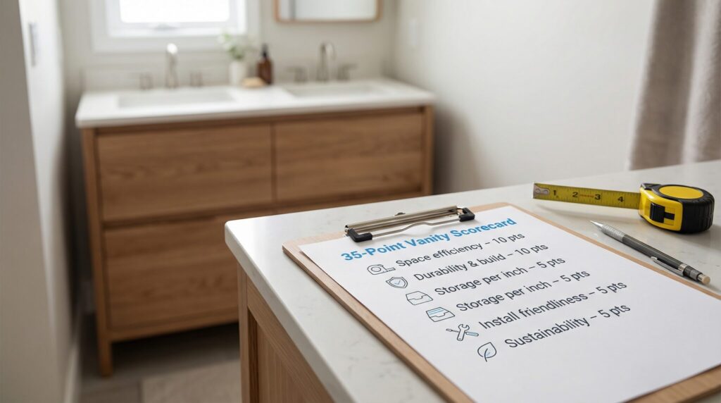 Bathroom designer’s 35-point scorecard for rating solid-wood double vanities in a small bathroom.