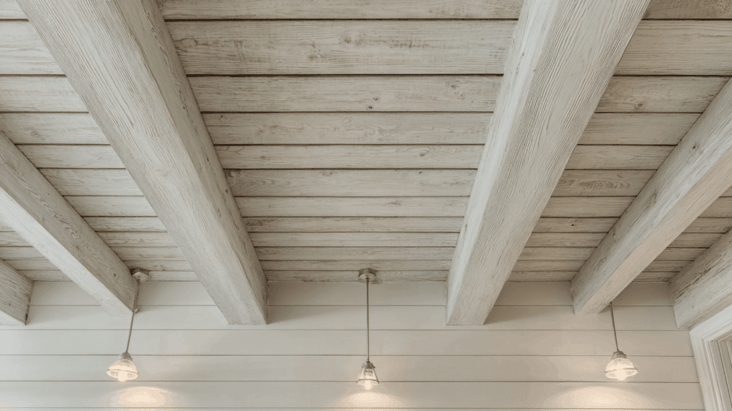 beams wrapped in shiplap panels