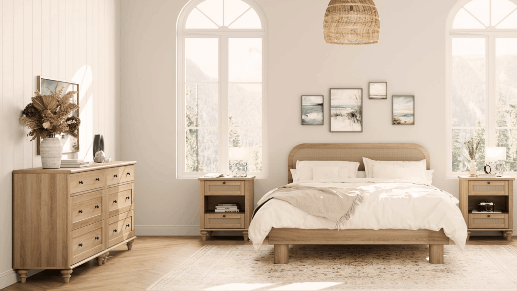 bedroom with simple wall art