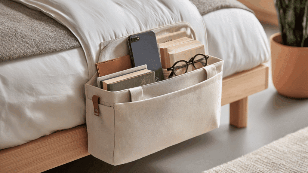 bedside caddy that hangs from the mattress
