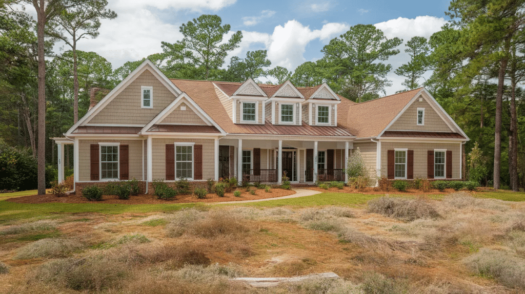 beige house with brown roof