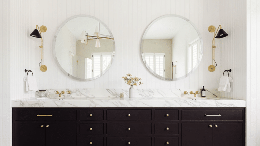 black and white with gold accents