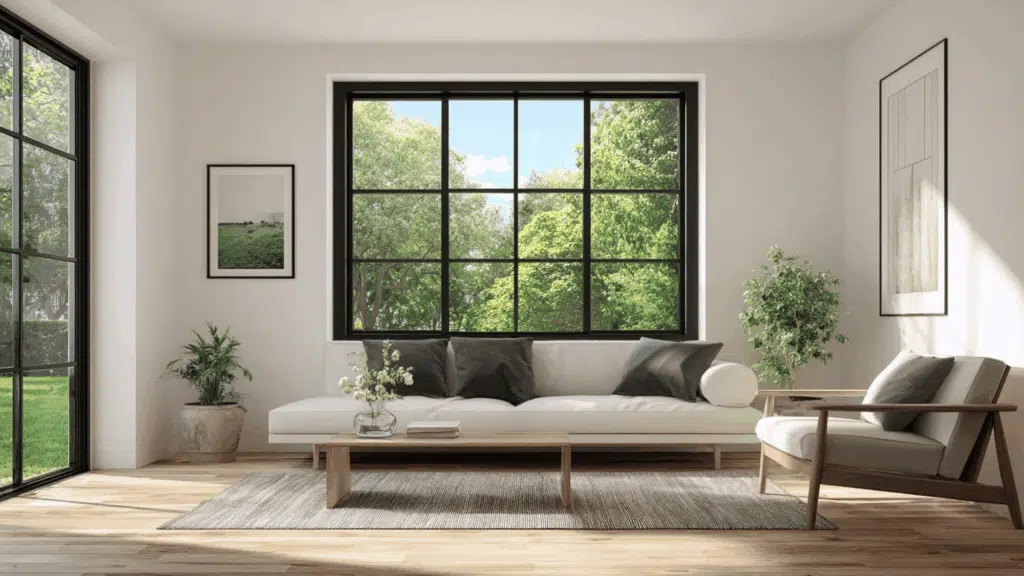 black framed picture windows