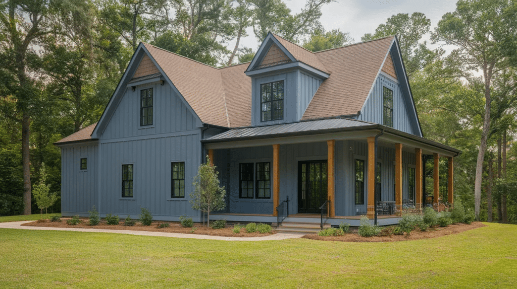 blue gray house with brown roof