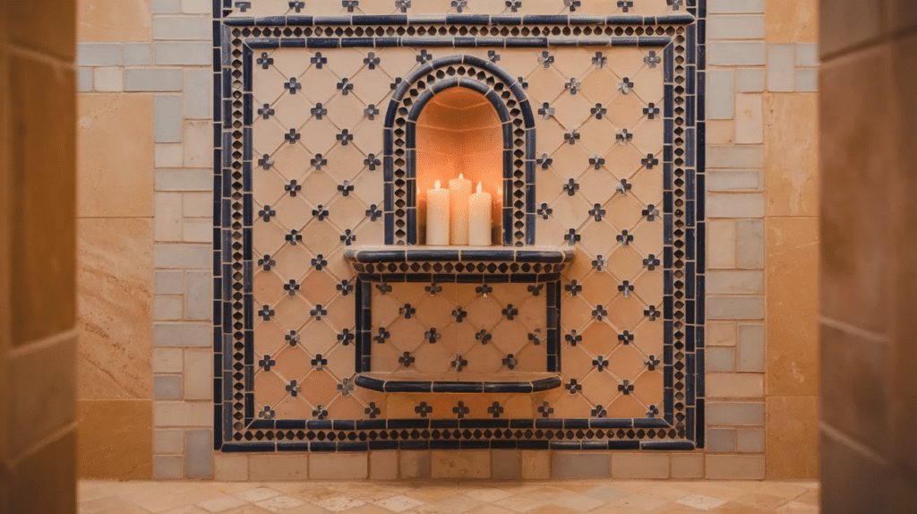 built in niches and tile shelves