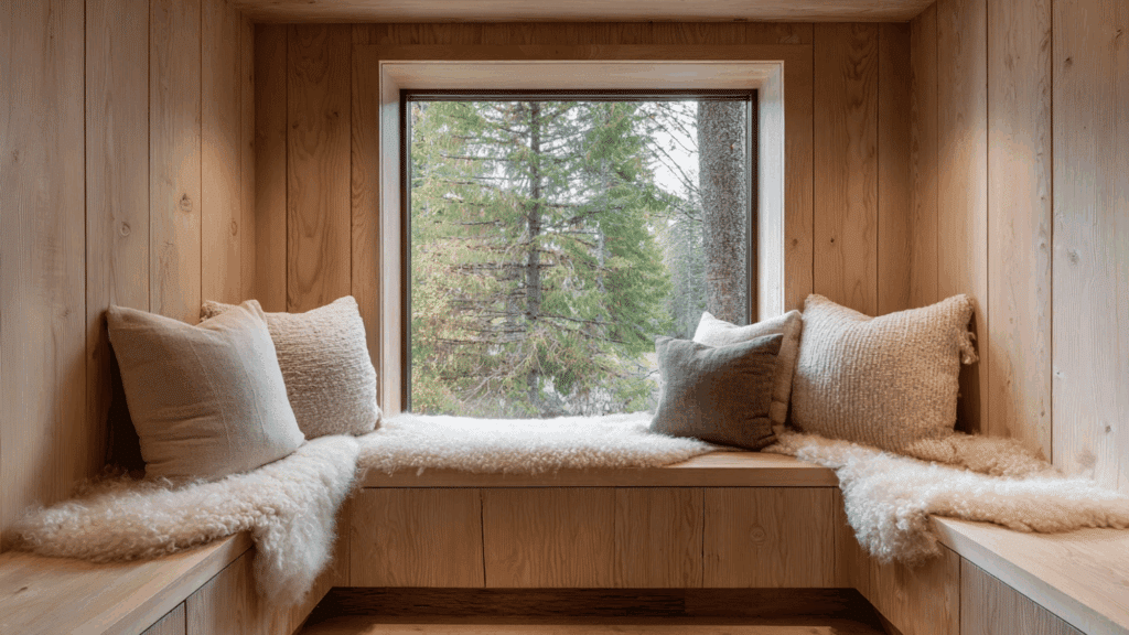 built in window benches with wool cushions