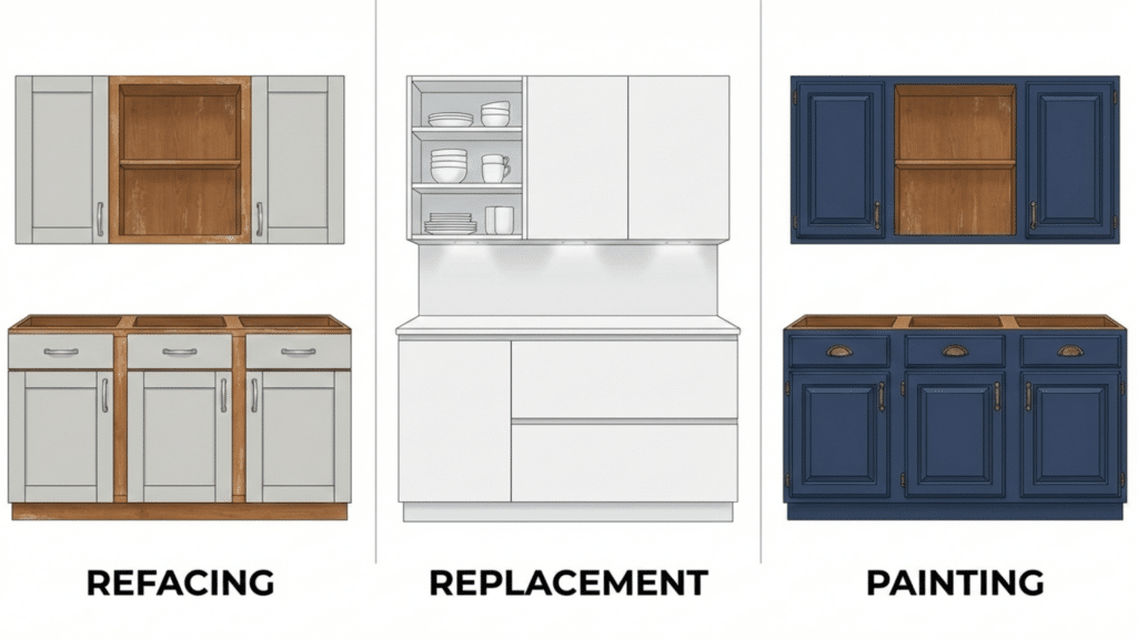 cabinet refacing vs cabinet replacement cost vs cabinet painting cost