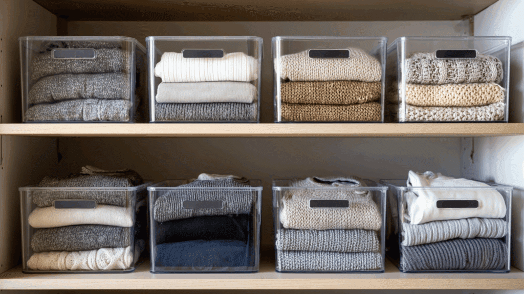 clear storage bins for visibility and sorting pockets