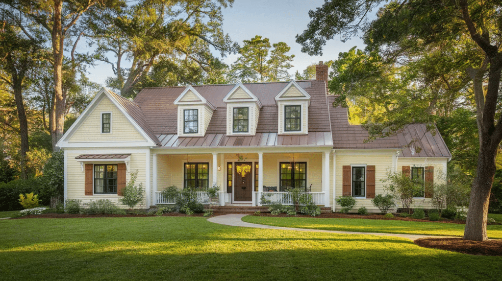 cream or off white house with brown roof