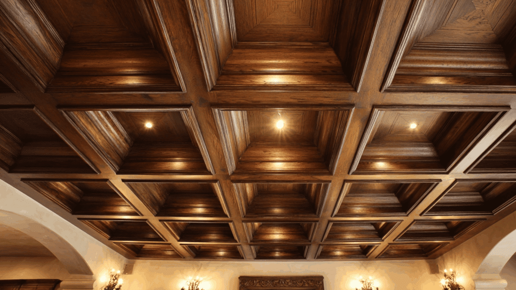 dark stained oak coffer beams