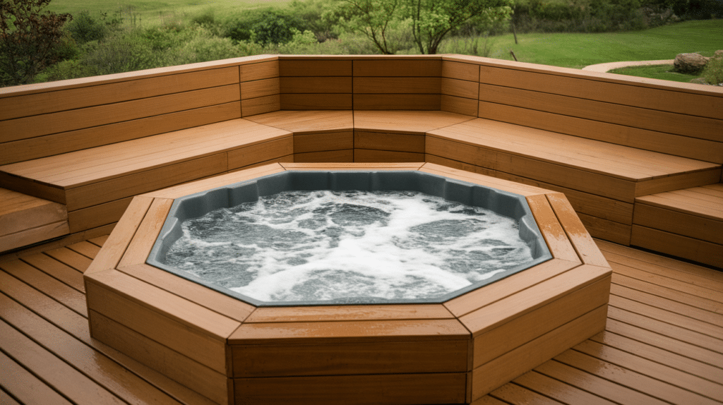deck with built in bench around the hot tub