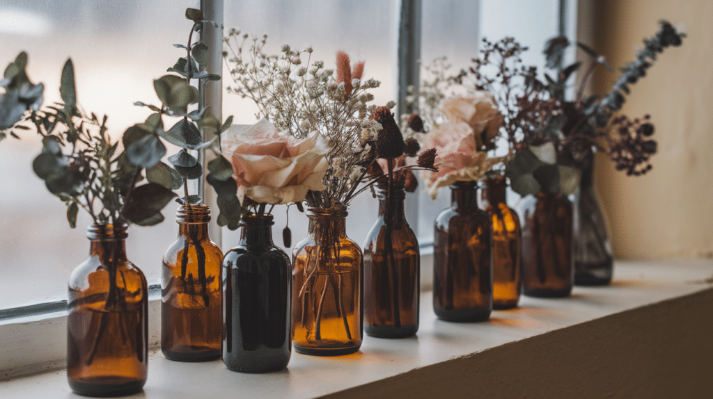 dried flowers in dark glass