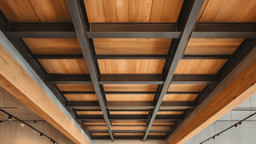 exposed steel i beams with wood infill