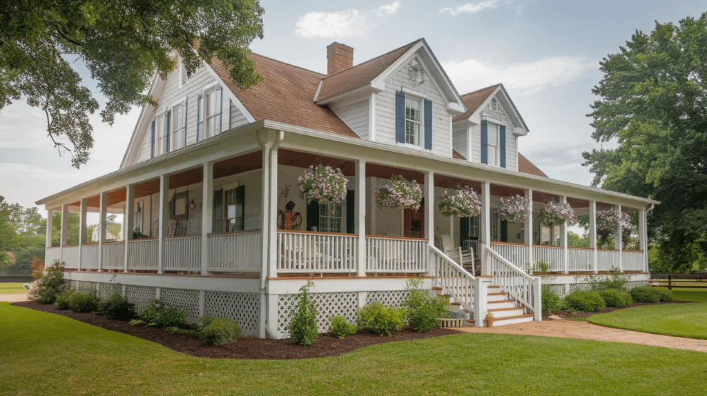 farmhouse style porch with wooden rails