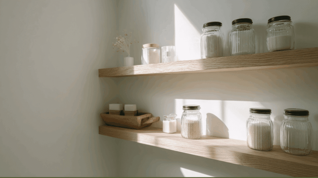 floating corner shelves with labeled jars