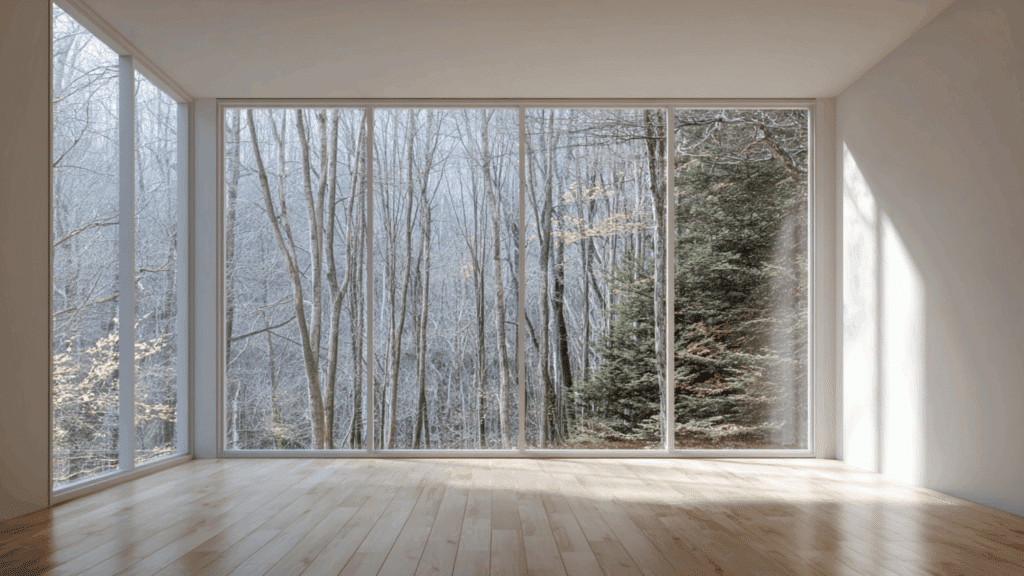 floor to ceiling windows with forest views