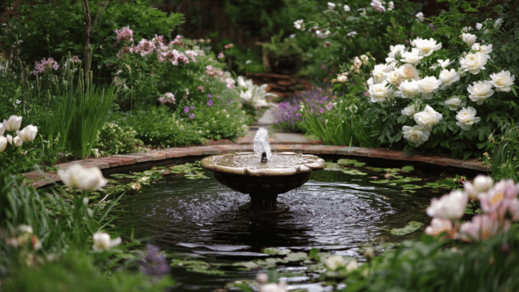 flower garden with water feature centerpiece