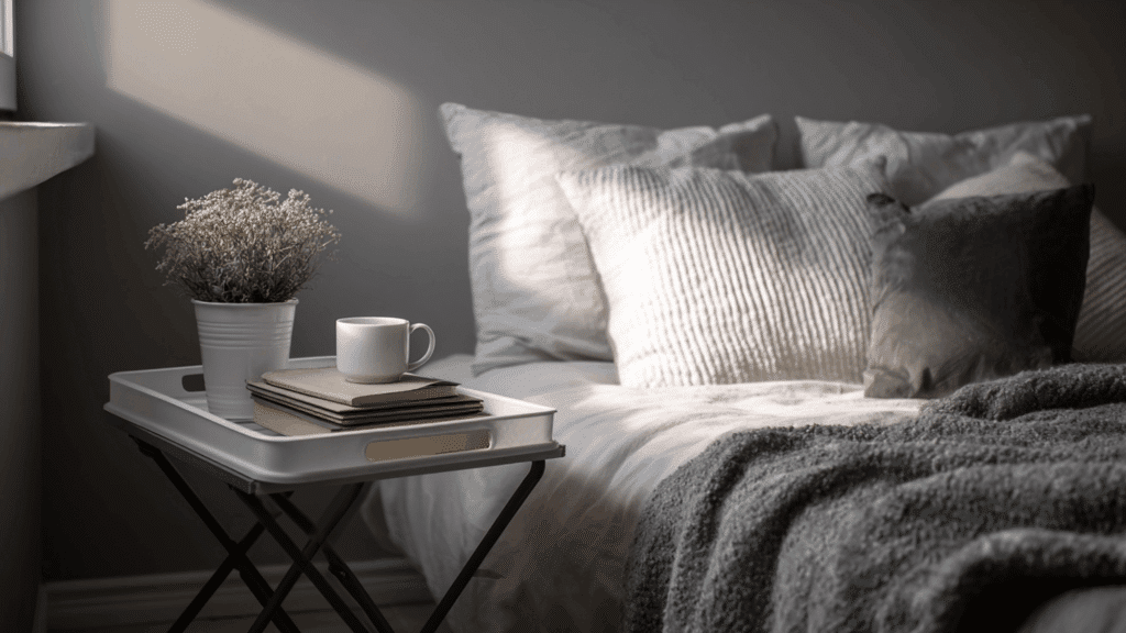folding tray table as a nightstand