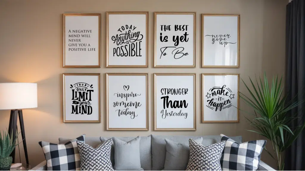 DIY wall decor ideas with eight framed inspirational quote prints hanging on a living room wall above a sofa