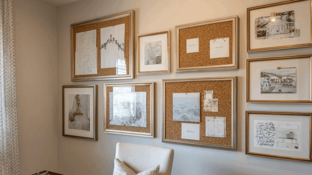 framed corkboard gallery wall