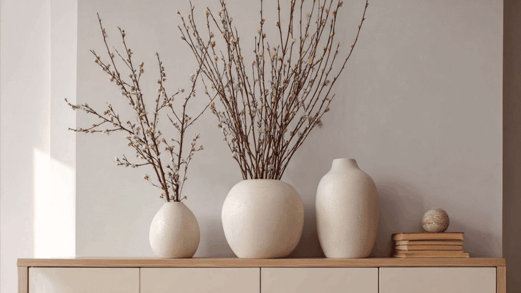 fresh cut branches in tall vases