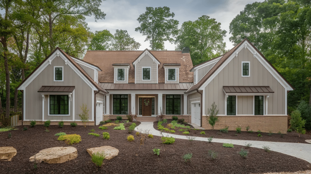 greige house with brown roof
