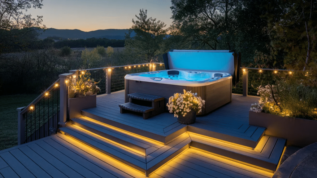 hot tub deck with accent lighting