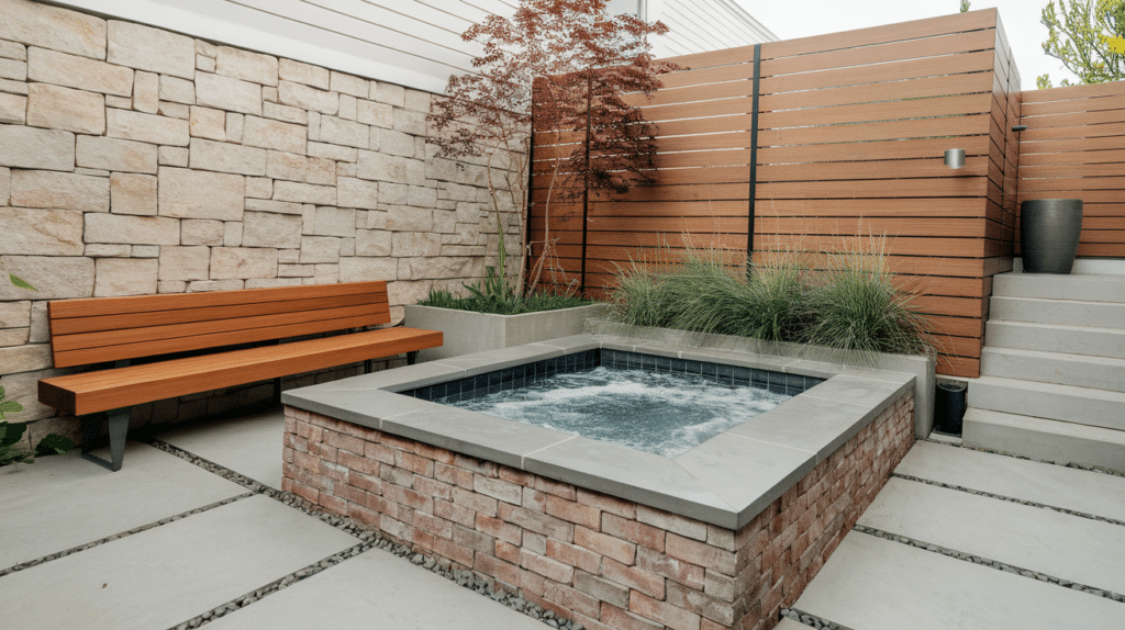 hot tub surrounded by planter boxes
