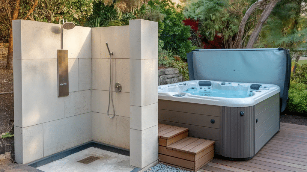 hot tub with outdoor shower