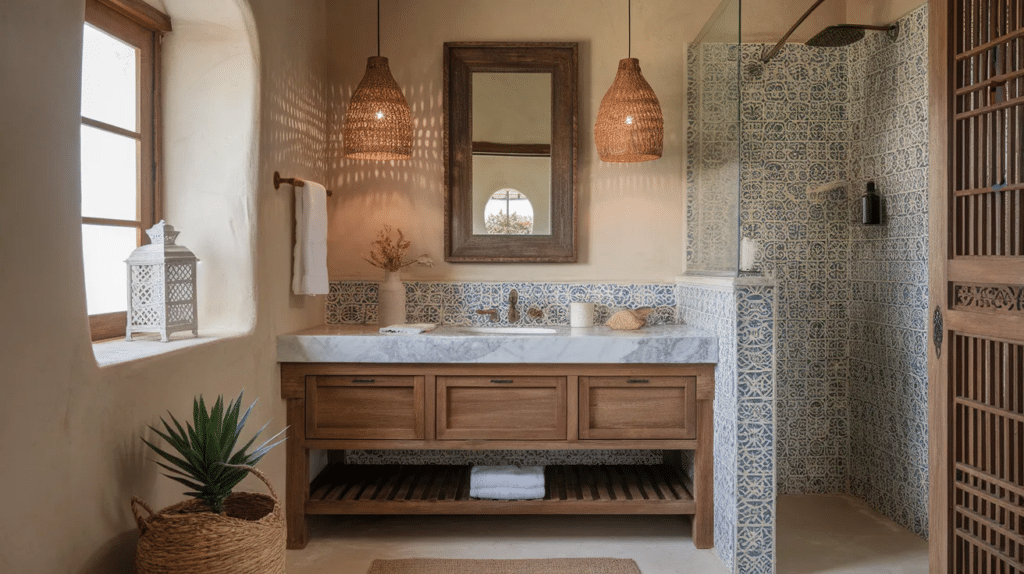 layered decor with plants rugs and baskets