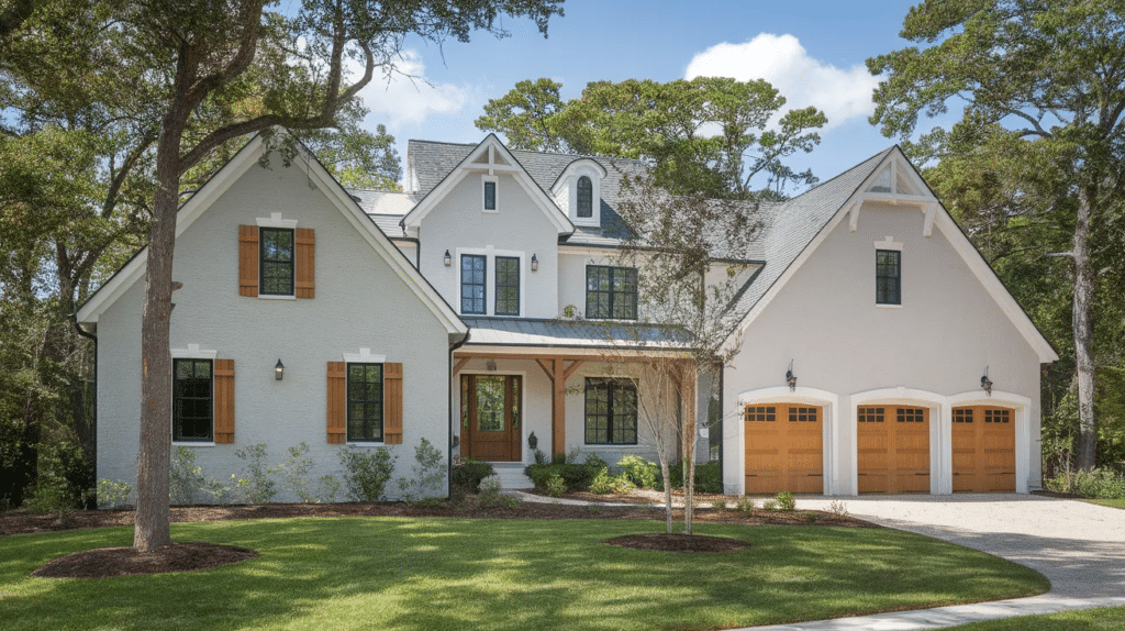 light gray stucco with wood trim
