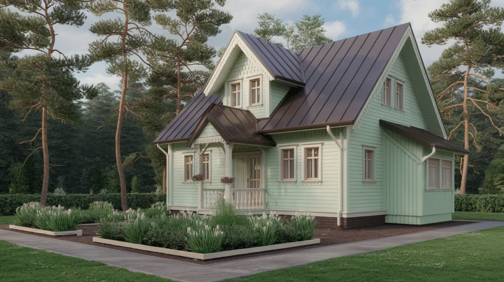 light green or mint house with brown roof