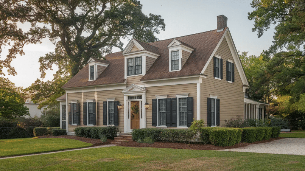 light tan or khaki house with brown roof