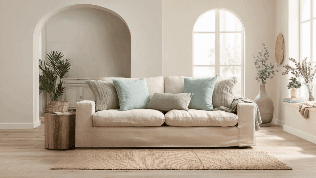 linen sofa styling