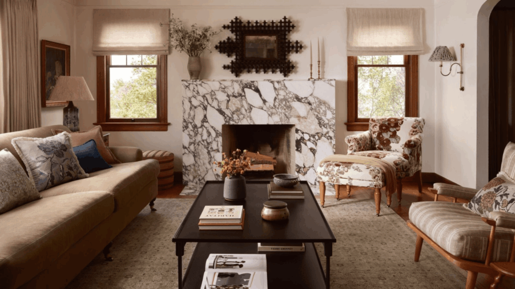 living room with a fireplace nook