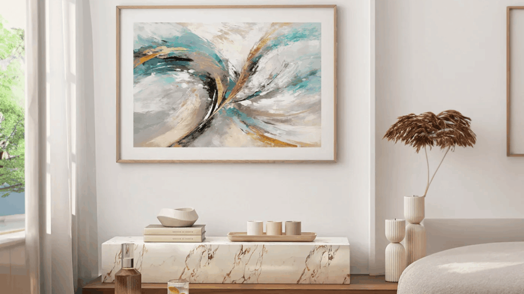 living room with personal artwork on the walls