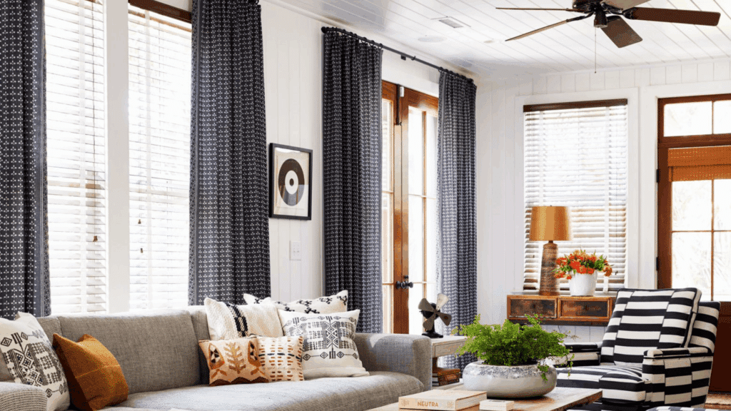 living room with thick, warm curtains