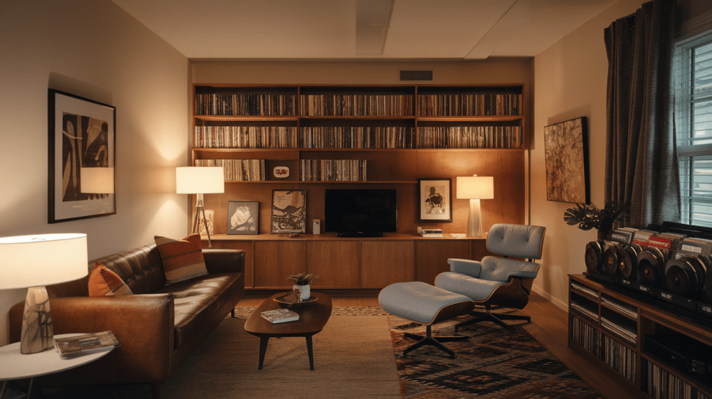 media room with books and music