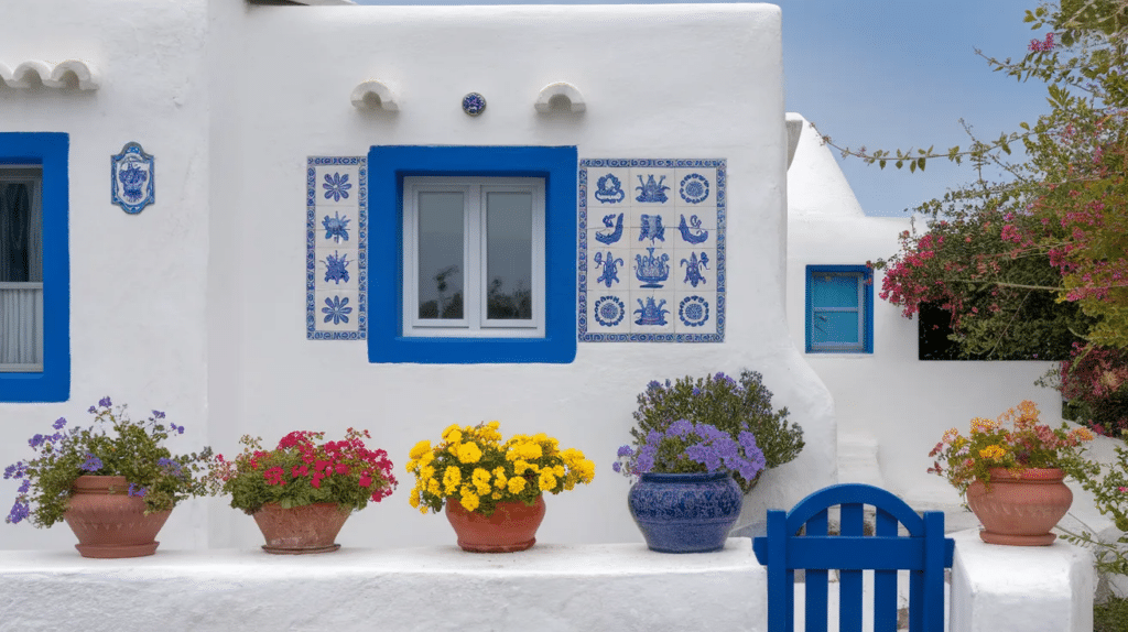 mediterranean style stucco with blue trim