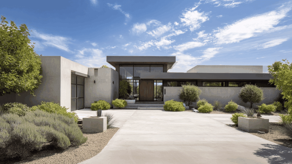 modern ranch house with flat or low pitch roof