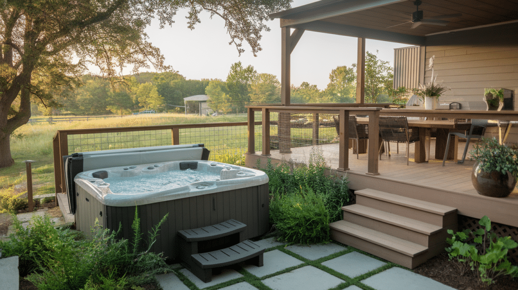 multi level deck with a hot tub zone