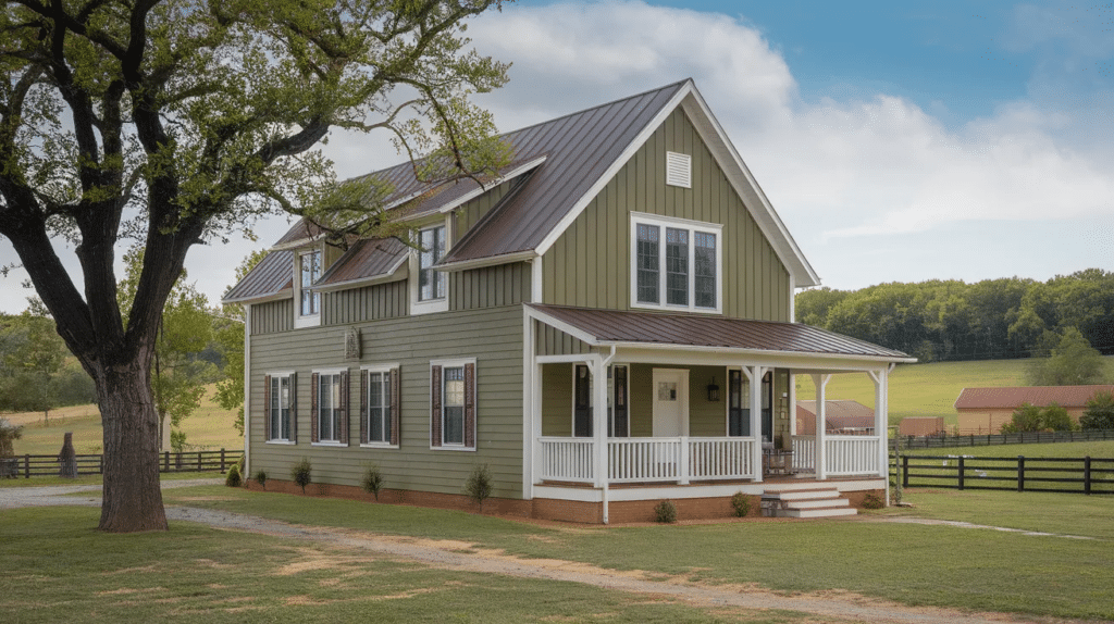 olive green house with brown roof