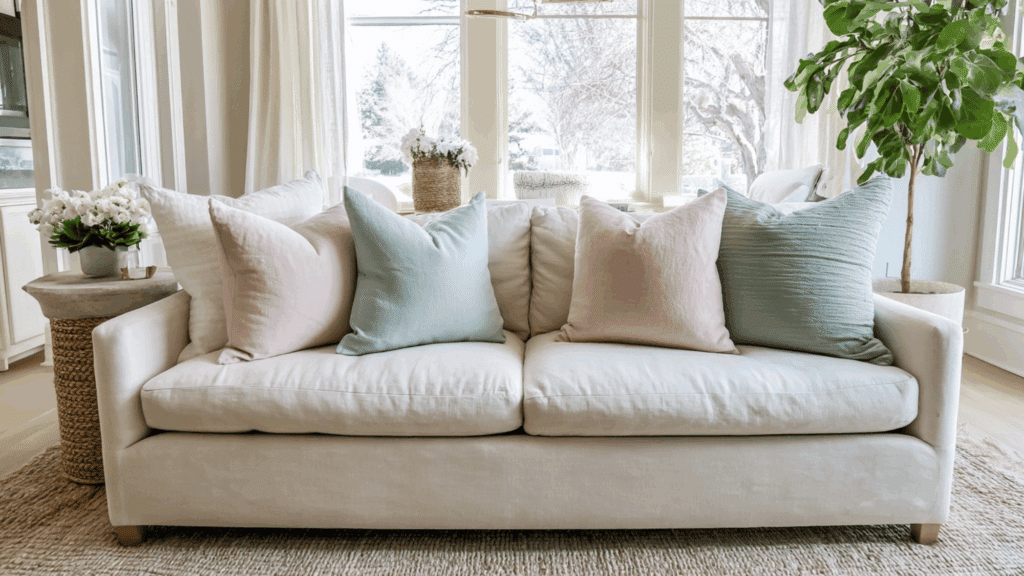 pastel throw pillows on sofas