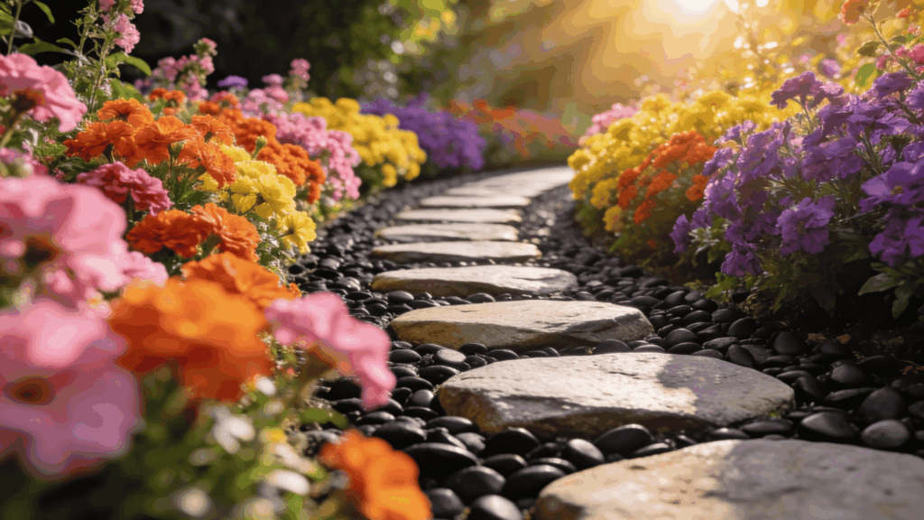 pathway lined flower garden