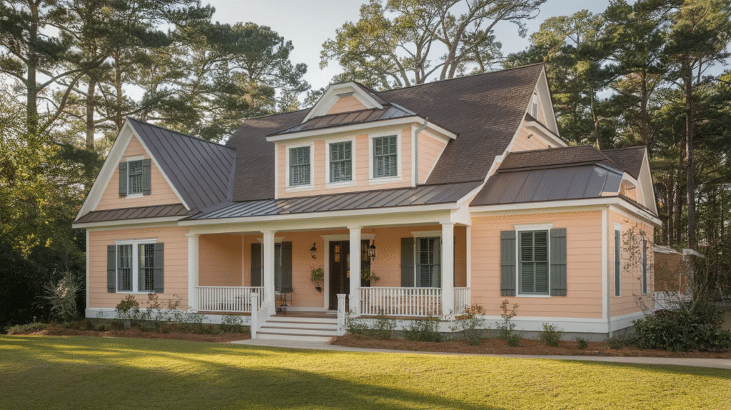 peach or apricot house with brown roof