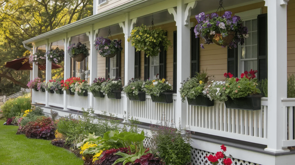 porch with hanging plants and flower boxes