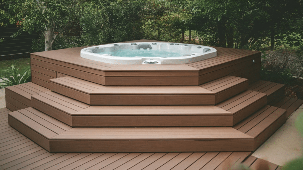 raised hot tub with wide steps